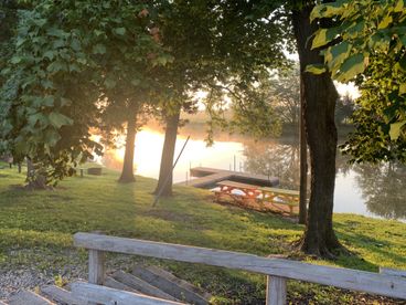 Pond dock with picnic tables
